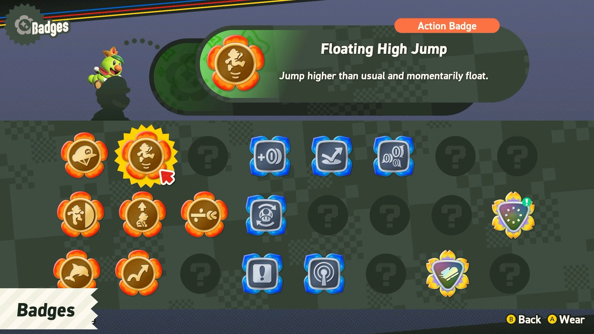 Menú de insignias de Super Mario Bros Wonder que muestra la habilidad de salto alto flotante