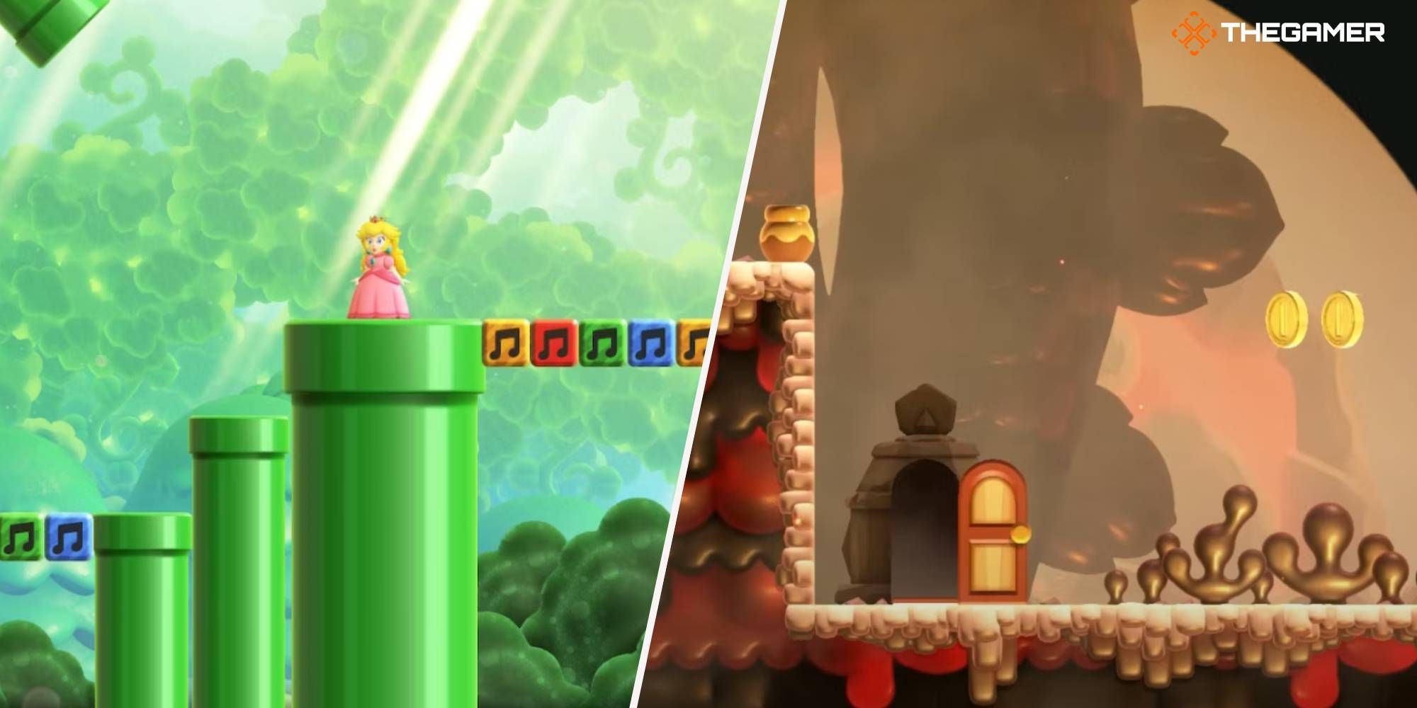 Melocotón cerca de tuberías y bloques de notas musicales y una puerta abierta en medio de lava en Super Mario Bros Wonder