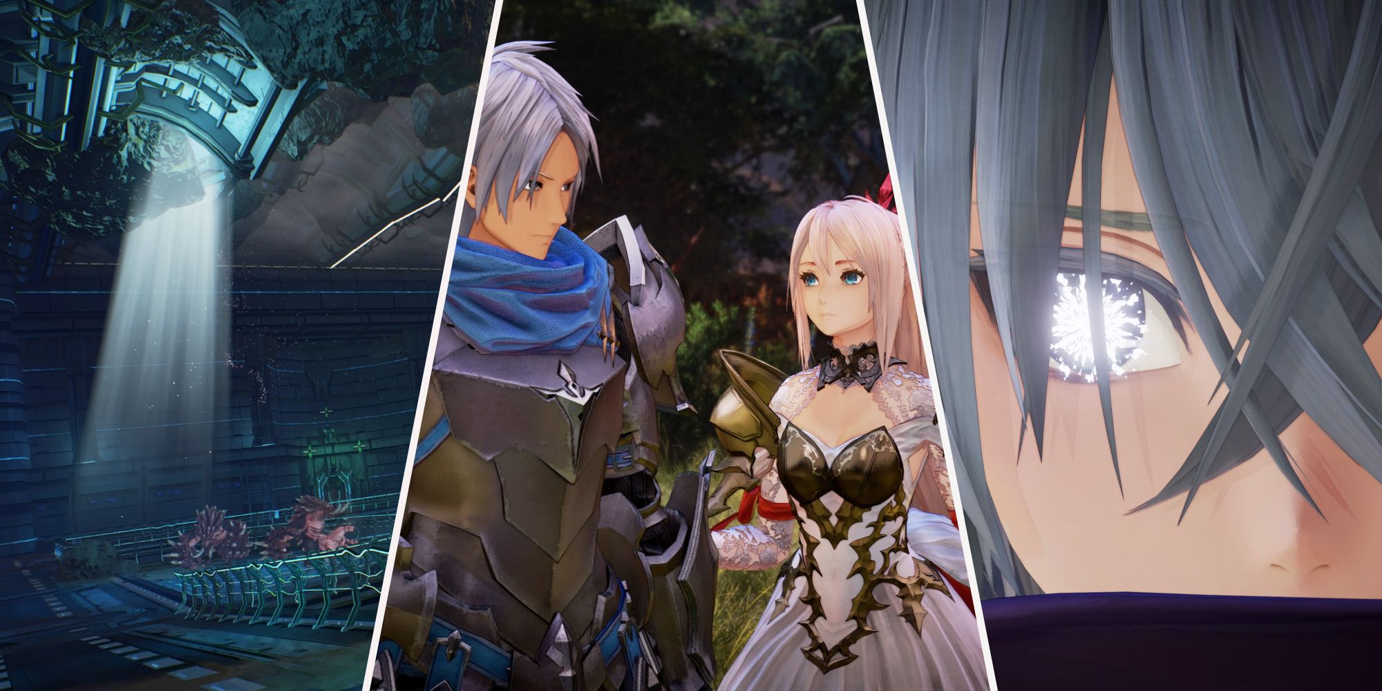Un collage de imágenes que muestra una nueva mazmorra, Alphen y Shionne, y el nuevo personaje Nazamil en Tales of Arise: Beyond the Dawn.