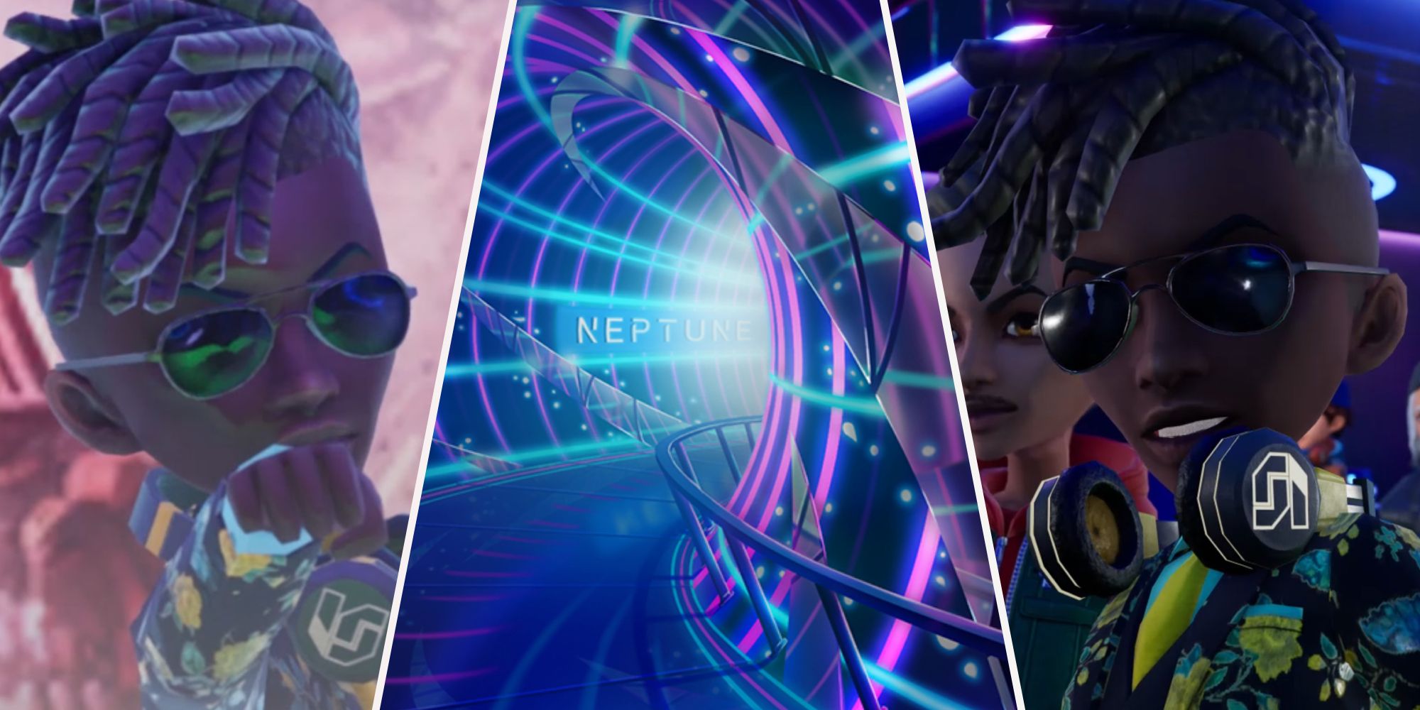 Un collage de imágenes que muestran a Neptune y su jefe, DJ.  HardRain, en Arcade Quest de Tekken 8