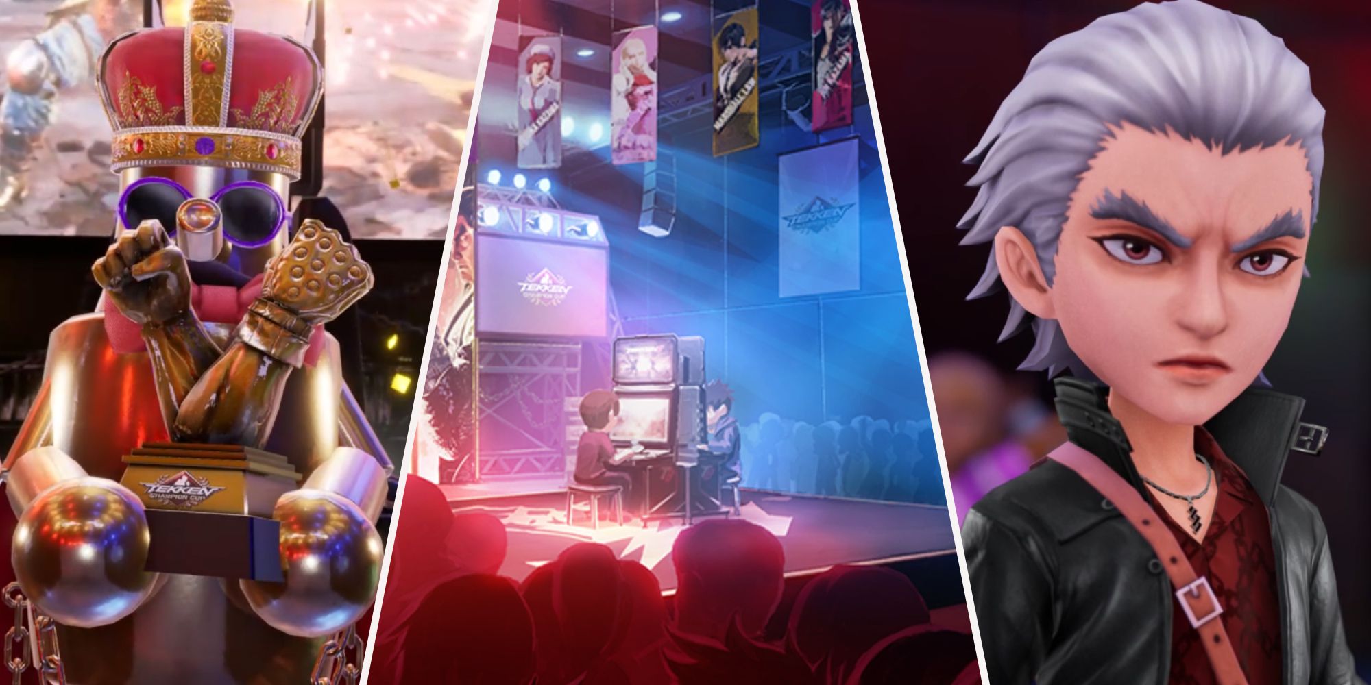 Un collage de imágenes que muestra el capítulo de la Copa de Campeones y la región de Arcade Quest de Tekken 8, con Avatar y Orochi creados por el jugador.