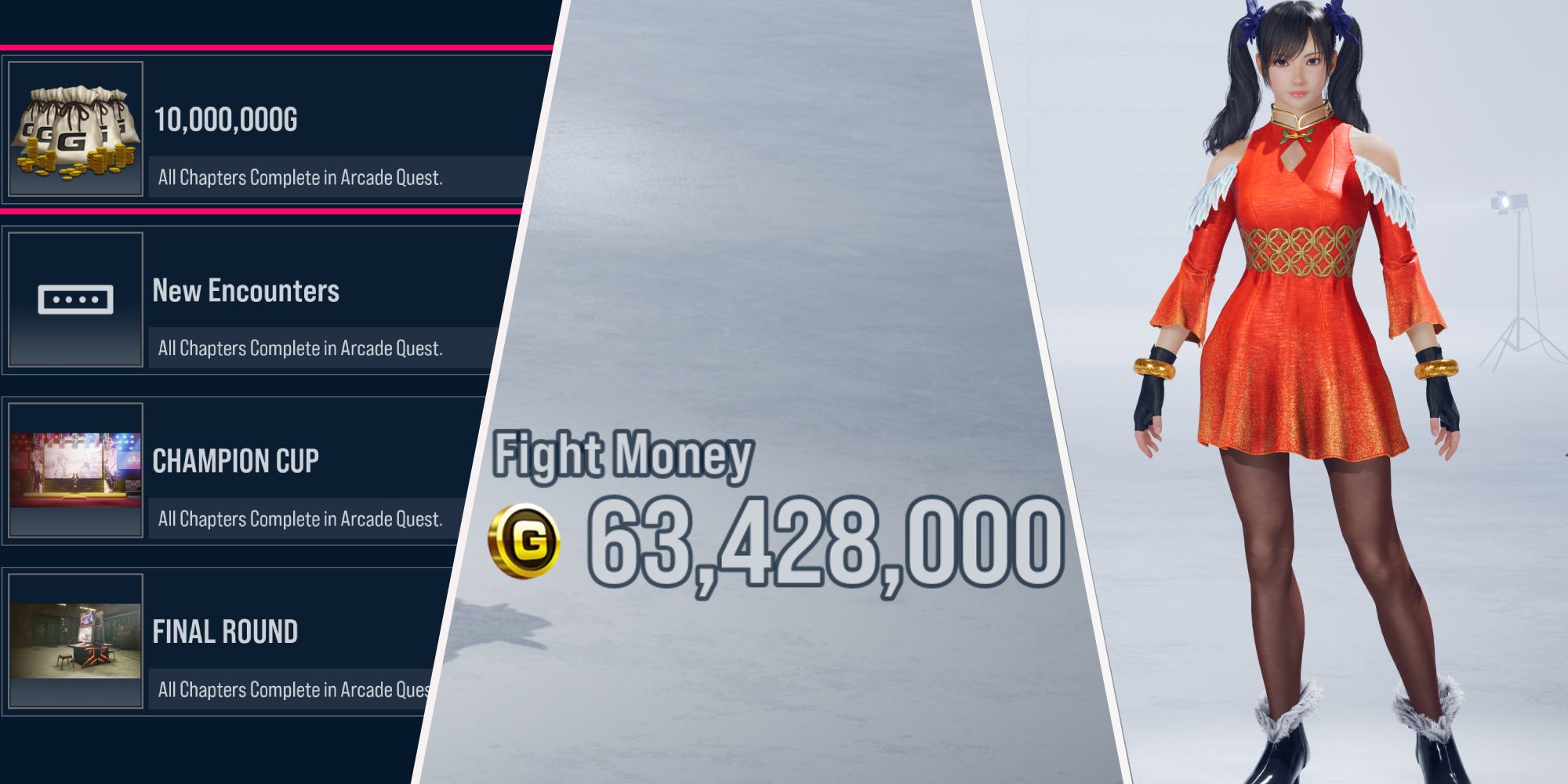 Un collage de imágenes que muestran Fight Money y Character Cosmetics en Tekken 8