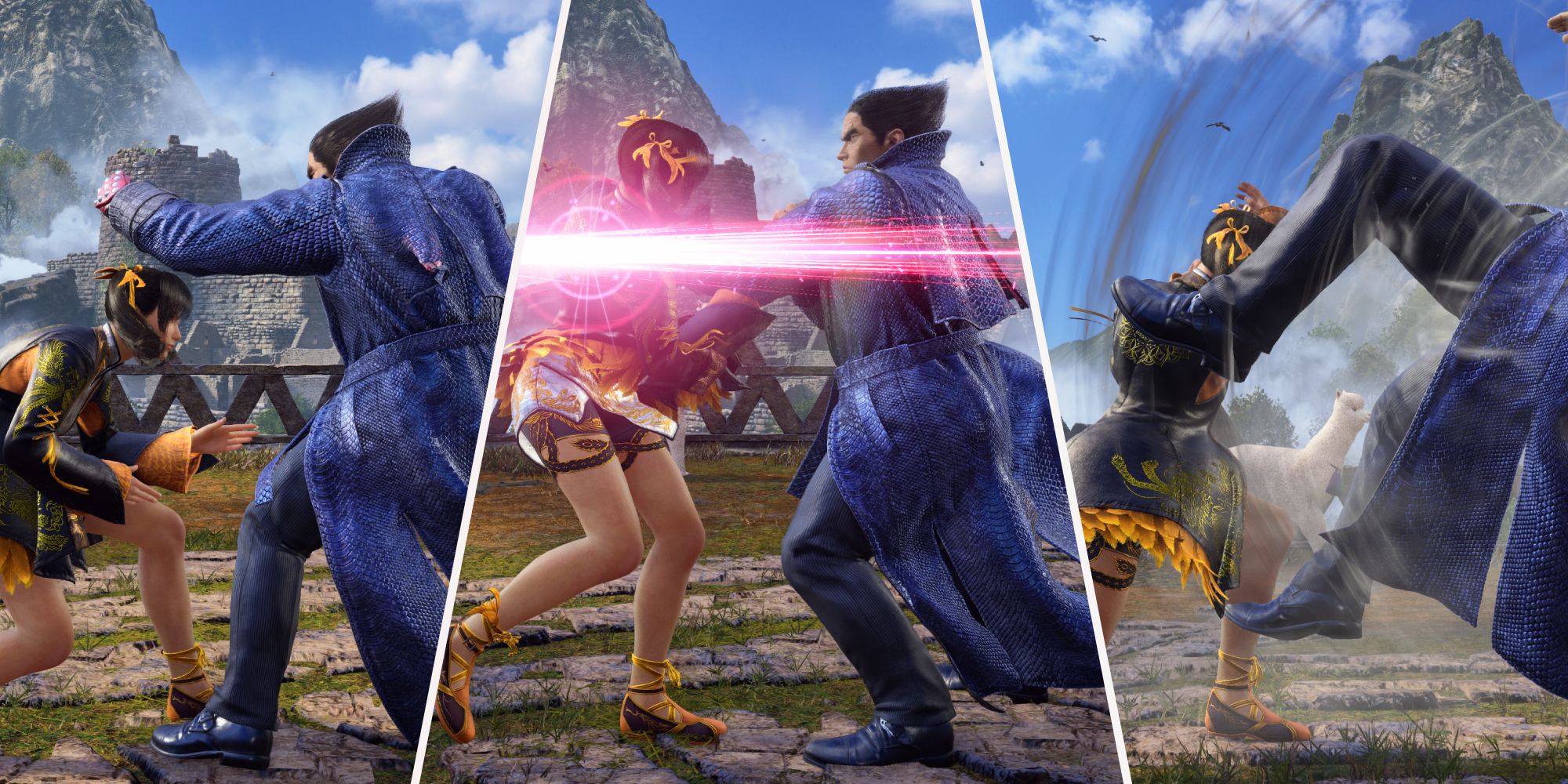 Un collage de imágenes de Xiaoyu luchando contra Kazuya en Tekken 8