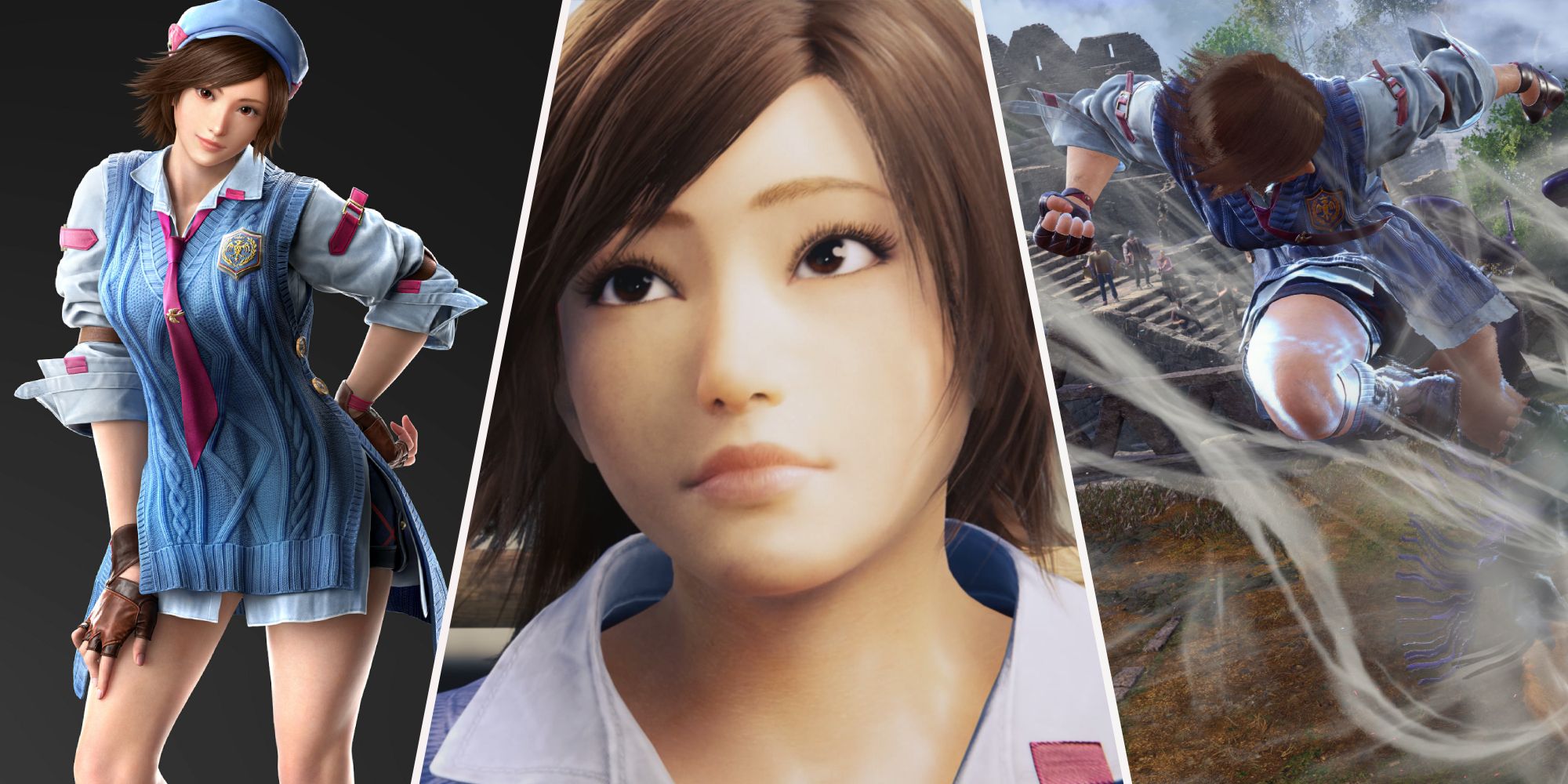 Un collage de imágenes de Asuka Kazama en Tekken 8