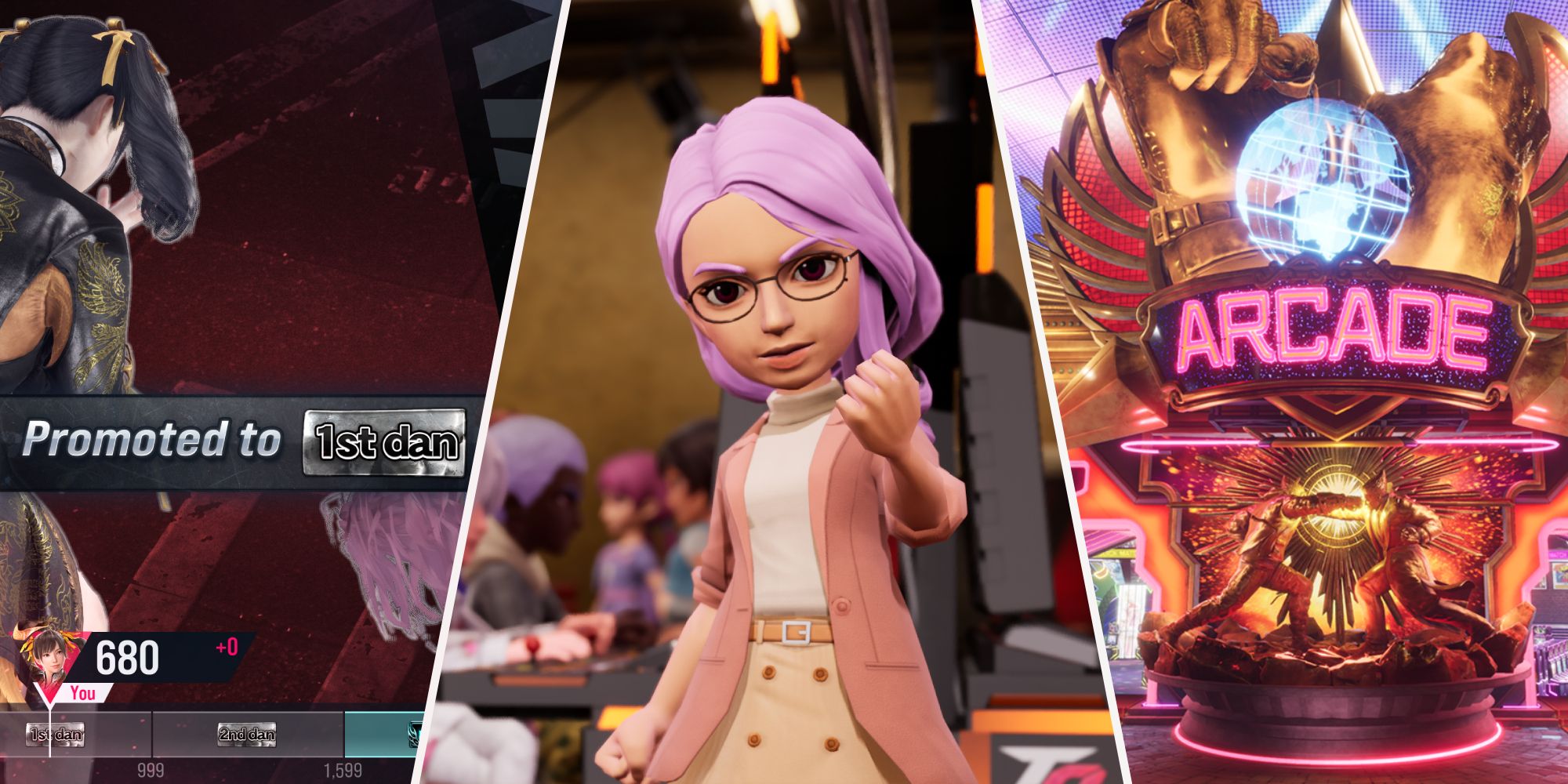Un collage de imágenes que muestran Leveling Up, Arcade Quest Avatars y Online Arcade Hub en Tekken 8.