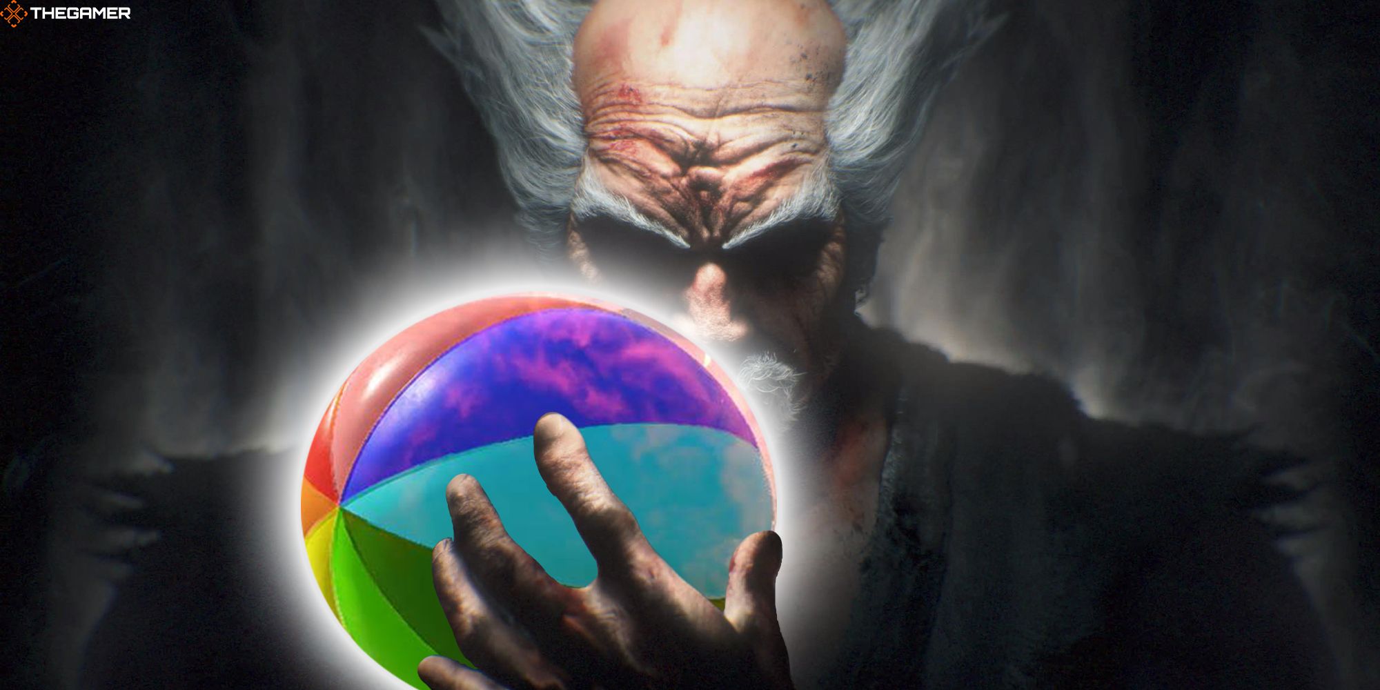 Heihachi Mishima sostiene una colorida pelota de playa de Tekken 8.