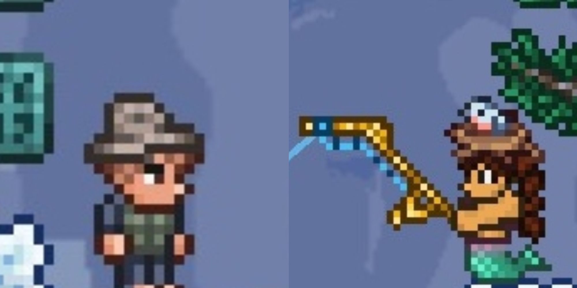 Pescador y jugador de terraria con vara dorada y pájaro en la cabeza.