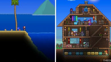 image of player at beach next to image of house with NPCs inside