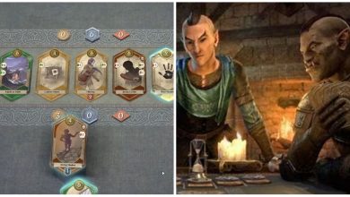 A feature for Elderscrolls Online showing the board interface and concept art featuring a Wood eld and an Orc in the midst of a game.