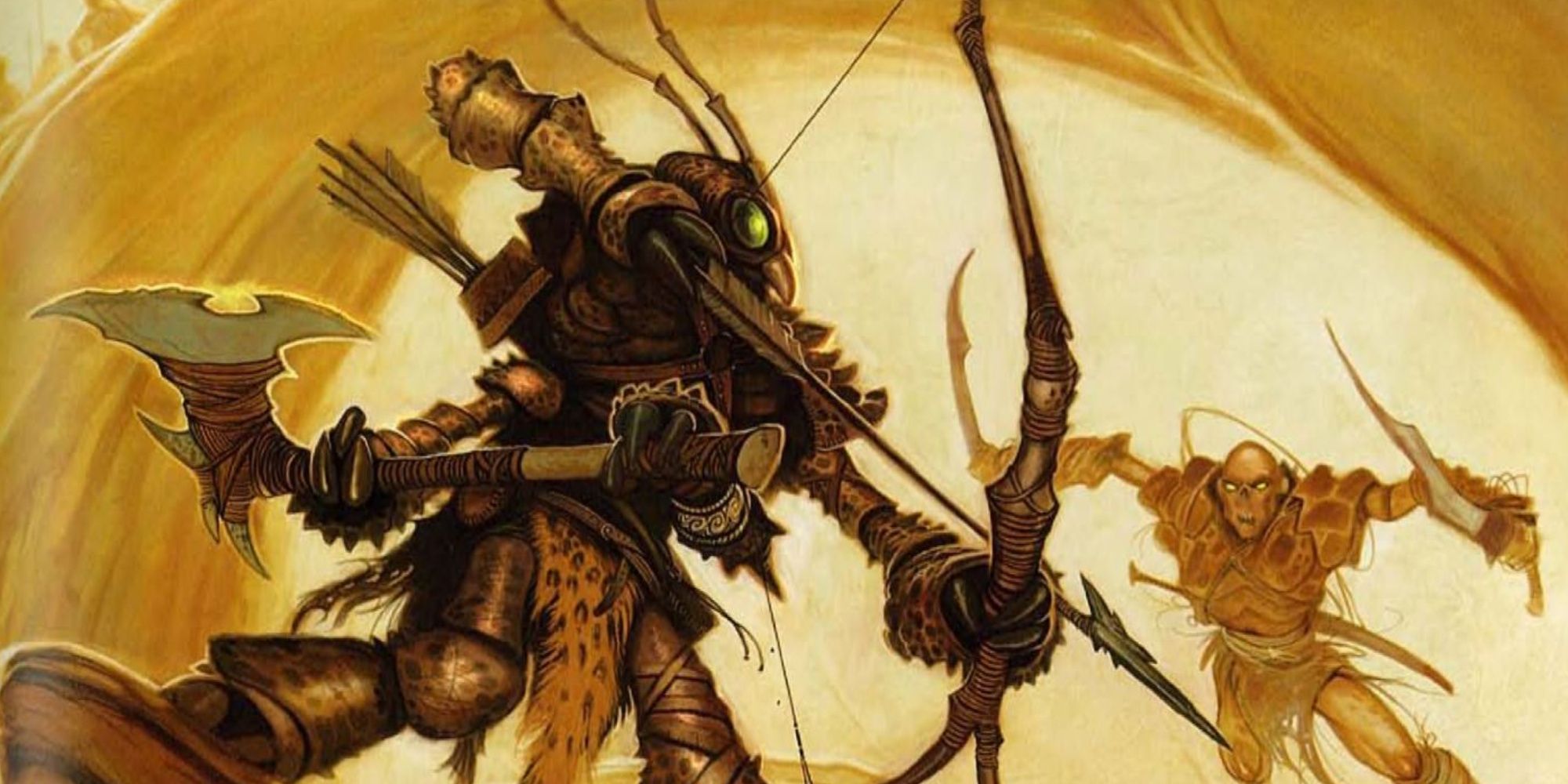 Dungeons & Dragons 4e guerrero thri-kreen bajo el sol oscuro sosteniendo un arco y un hacha