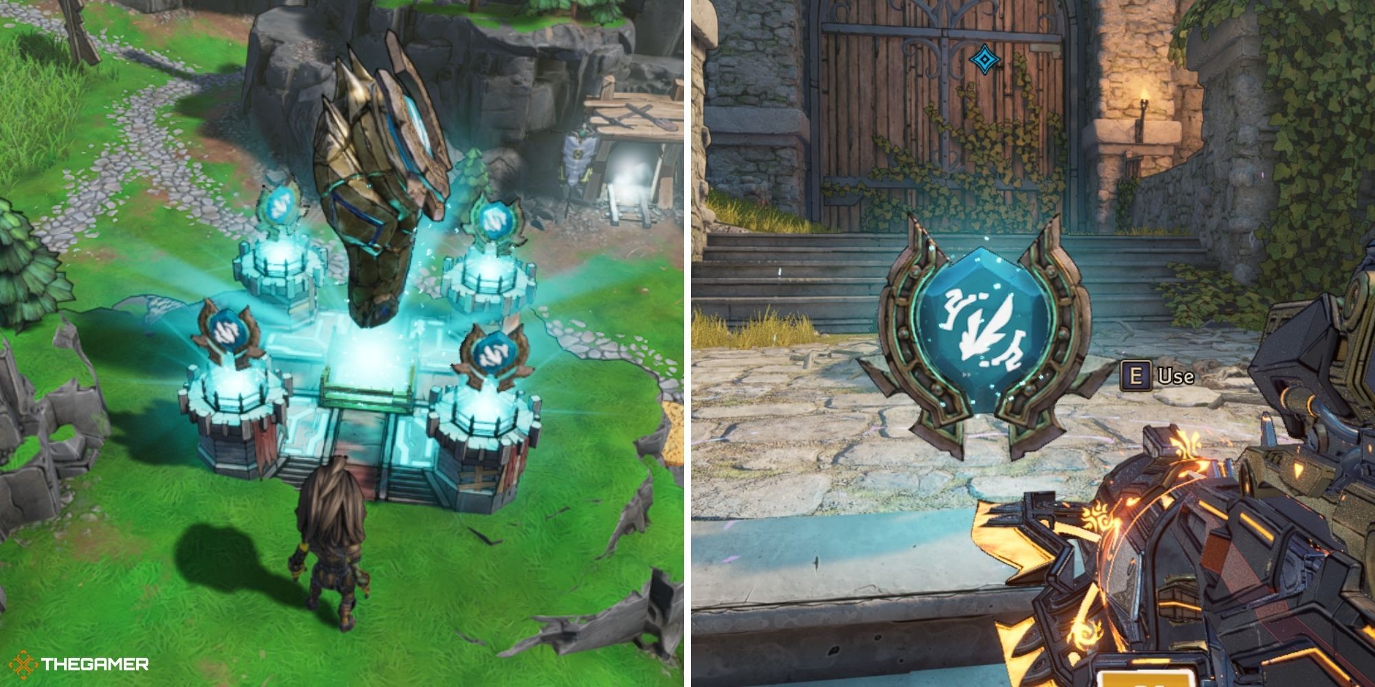 tiny tina's wonderlands - shrine of zoomios on left, shrine piece of zoomios on right