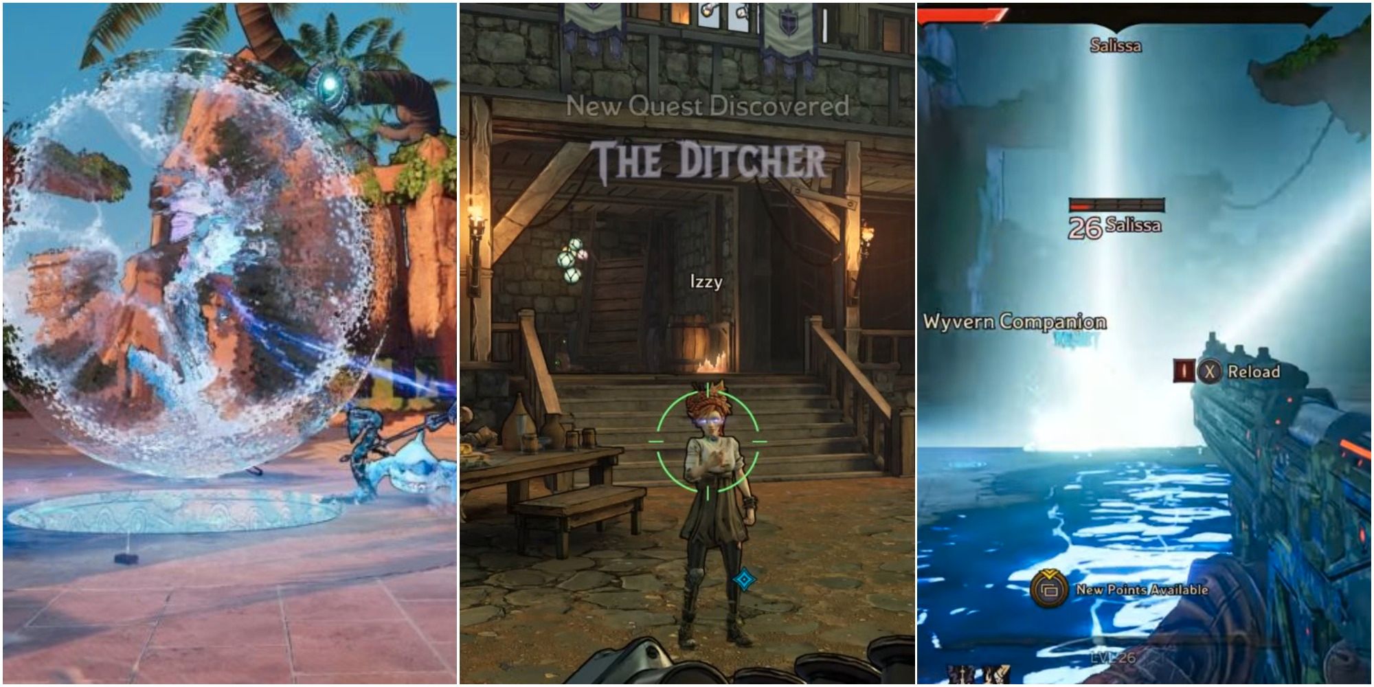 split image of Salissa in water orb, The Ditcher quest, electric puddle in Tiny Tina Wonderlands