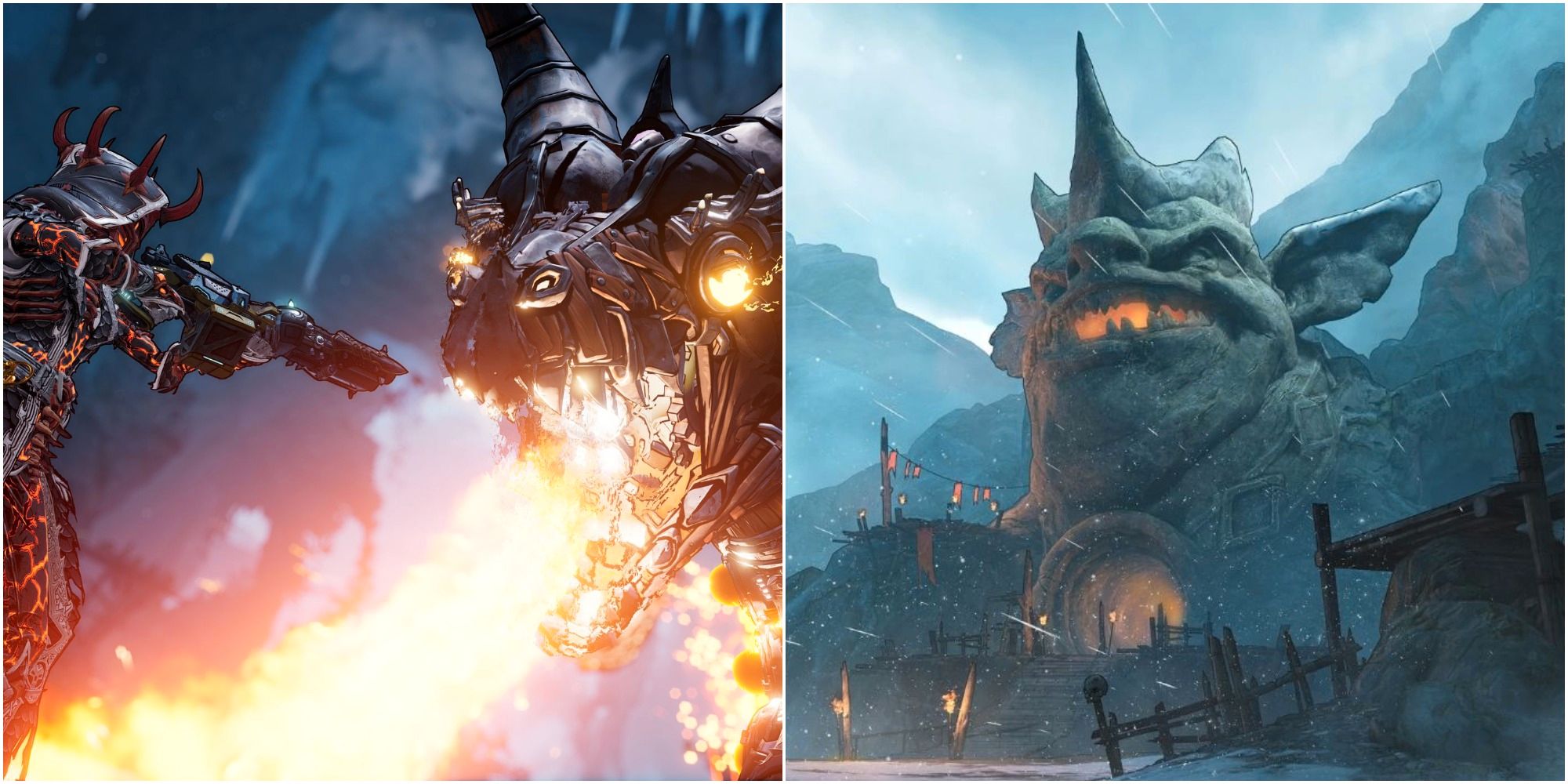 A fight with Vorcanar (left) takes place inside the sculpture at Mount Craw (right)