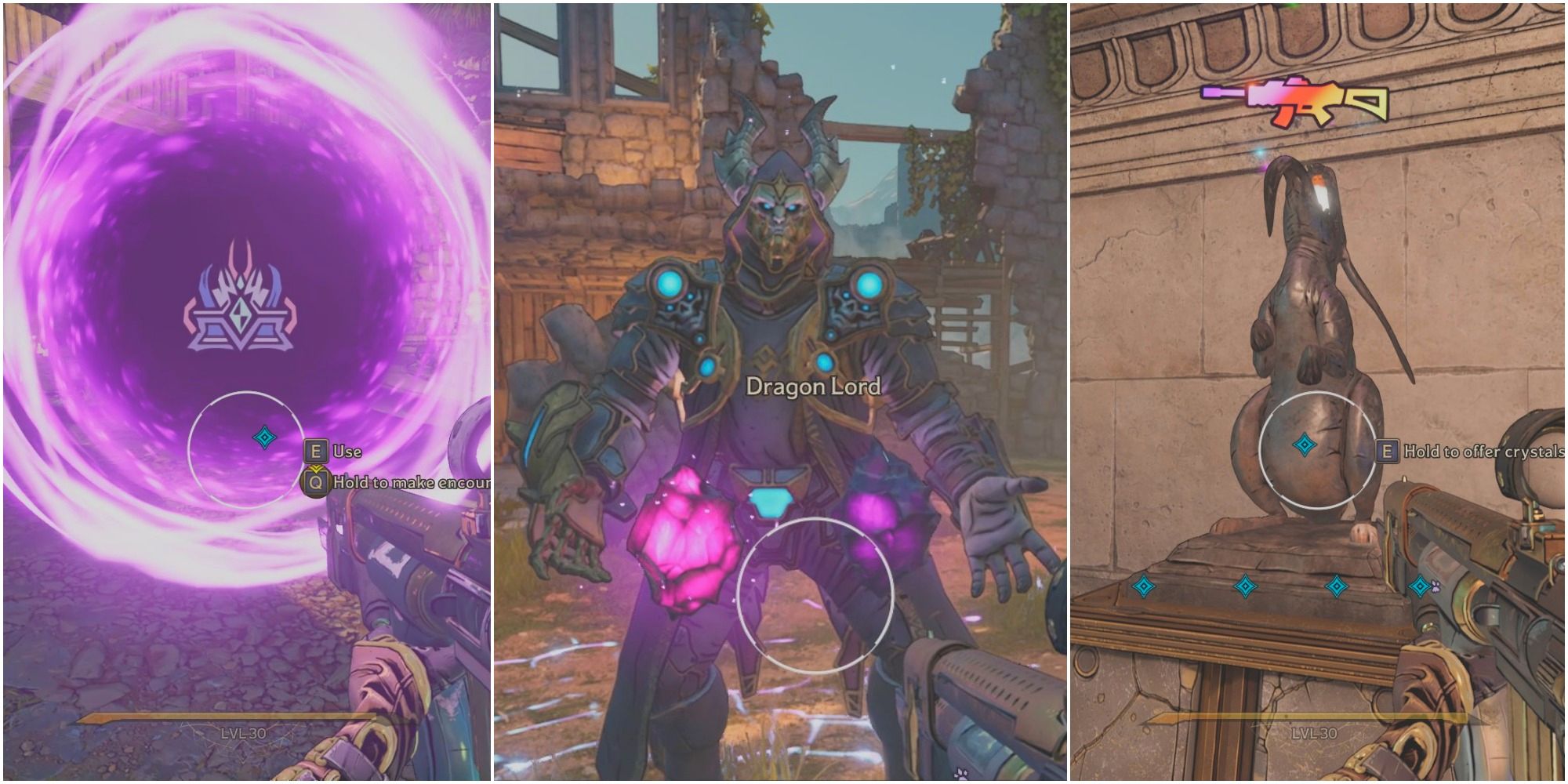 a split image from left to right: a player looking at a crystal die portal, the Dragon Lord presenting the player with two cursed crystals, and a player looking a barf bunny offering SMG loot in the Loot of Chaos room