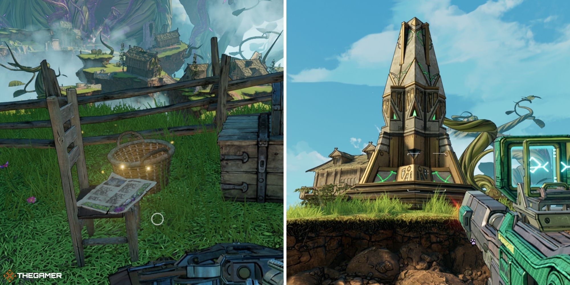 tiny tina's wonderlands - tangledrift - poetry page on left, ancient obelisk on right