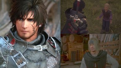 A collage of images from Final Fantasy 16. The far left is of Clive, the game's main protagonist. The top right is Clive confronting a boy during the All Bark Sub Quest. The bottom right is of Gaute, the leader of the Alliant Reports.