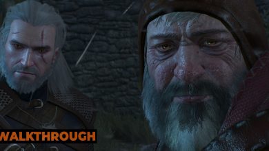 Geralt and the Bloody Baron look towards the viewer as they stare at a monster out of shot.