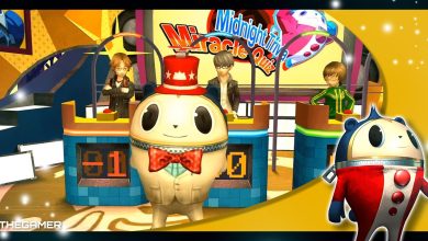 teddie in a suit and hat in front of yosuke, yu, and chie on the set of the midnight trivia miracle quiz in new game plus runs of persona 4 golden