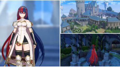 The left image shows Alear in Celica's Outfit, the top right is an overview of the Somniel, and the bottom right image is a view of the Amiibo Gazebo in the Somniel in Fire Emblem Engage