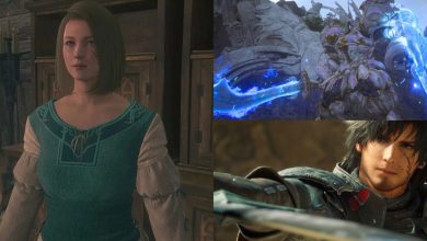 A collage of images from Final Fantasy 16. The image on the far left is of Desiree, the leader of the Patron's Whisper. The top right is of Atlas, one of many monsters you can Hunt. And the bottom right is of Clive, the game's main protagonist.