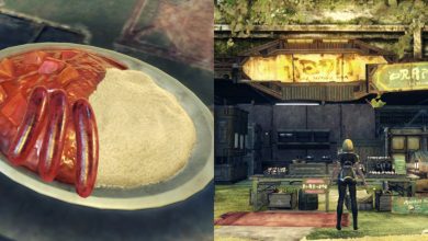 A collage of Georgie's Curry and Georgie looking at the canteen in Xenoblade Chronicles 3: Future Redeemed.