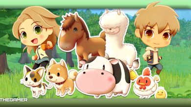 Key artwork from Story Of Seasons: Pioneers Of Olive Town that depicts the player characters and a range of animals.