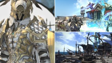 A collage showcasing the False Monarchy Attire (Far Left Box), an on-going match of Crystalline Conflict (Top Right Box), and the Wolves' Pier Den (Lower Right Box), in Final Fantasy 14.