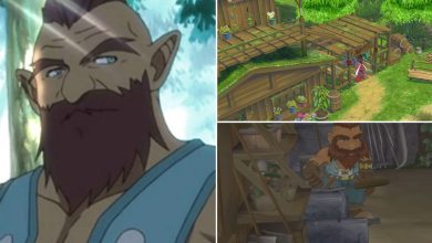A collage of images with the leftmost being of Dirk from the Tales of Symphonia Anime. The top right is Lloyd greeting his dog outside of Dirk's House in Tales of Symphonia Remastered. The bottom right image is of Dirk working at his Forge inside of his house.