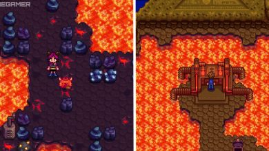 split image showing two locations in the volcano dungeon