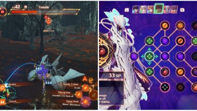 A collage of Sena and Lanz in their Ouroboros forms fighting and another section showing Taion's skill tree in Xenoblade Chronicles 3.