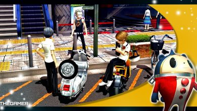 Persona 4 Golden - Yu, Kanji, and Yosuke on their scooters, with Teddie in the foreground.