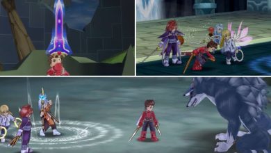 A collage of images from Tales of Symphonia Remastered. The top left showcases Lloyd hoisting up his Eternal Sword. The top right is of Lloyd, Colette, Genis, and Kratos during a combat encounter. The bottom image is of Raine, Colette, Kratos, and Lloyd favcing off against a large wolf with Rain in the middle of Casting one of her Tech.