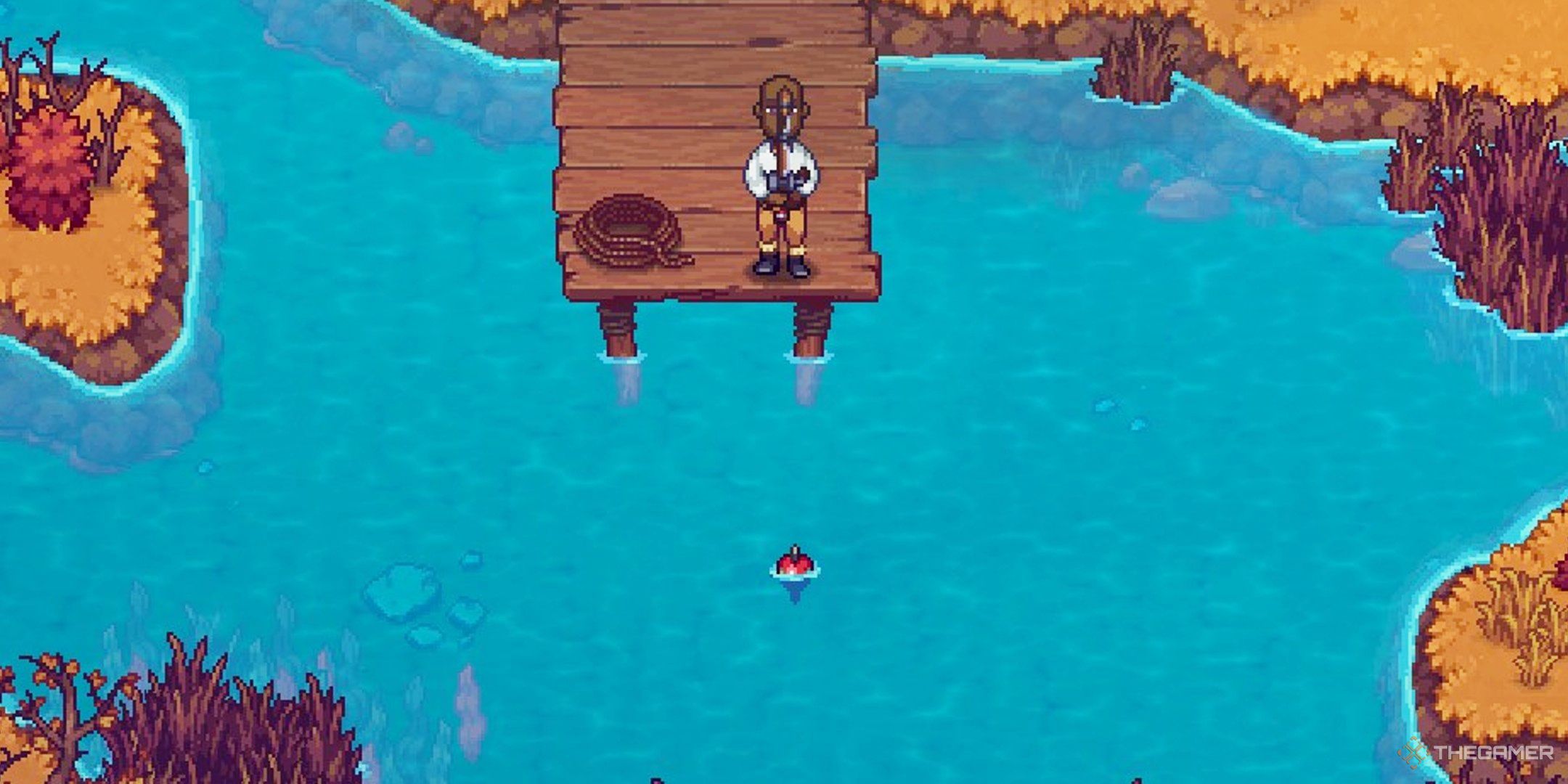 Personaje jugador lanzando su caña y pescando en un río durante el otoño en Travellers Rest.