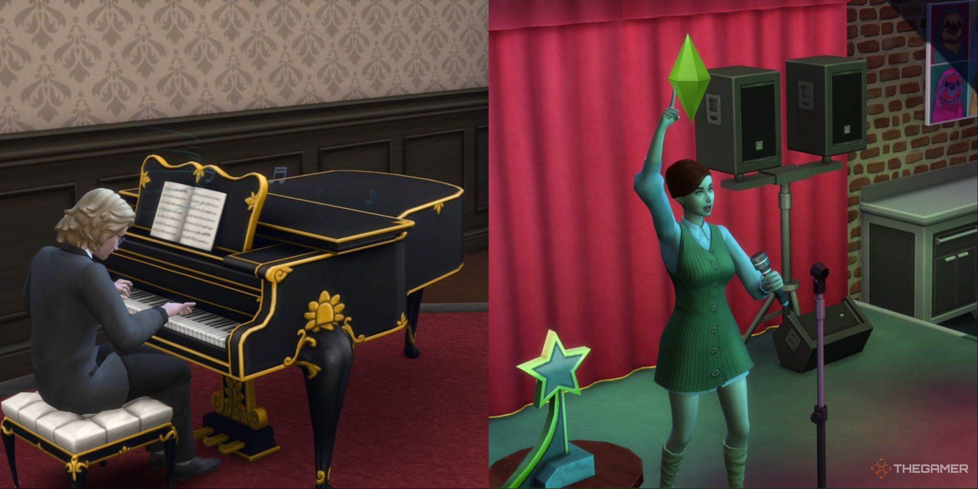 un sim tocando el piano y un sim en el escenario carrera de animador los sims 4