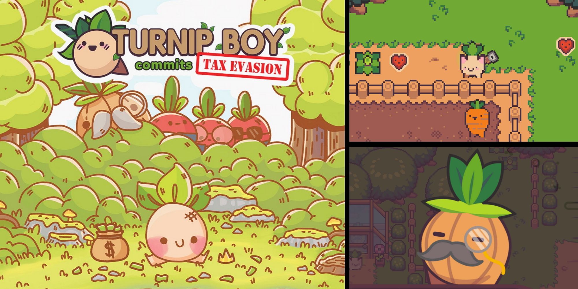 Turnip Boy Commits Tax Evasion Title Image, Gameplay Capture, and Mayor Onion