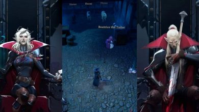 Split image screenshots of Beatrice The Tailor in V Rising.