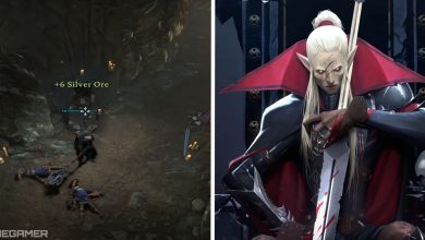 image of player gathering silver ore next to image of promotional art for v rising