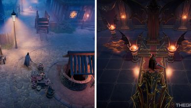 image of player alone in town, next to image of player alone in front of throne