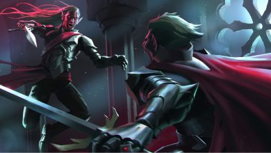 An illustration of a vampire leaping at another vampire both with swords drawn with moonlight shining through a window