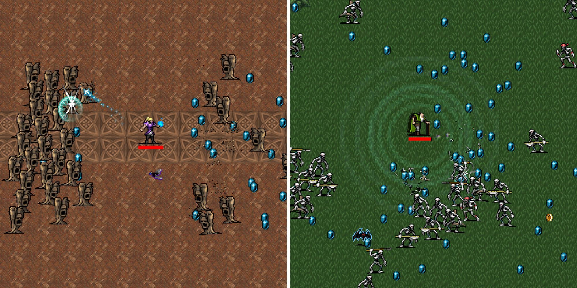 Collage de juego que muestra dos escenarios del Modo Aventura en Vampire Survivors.