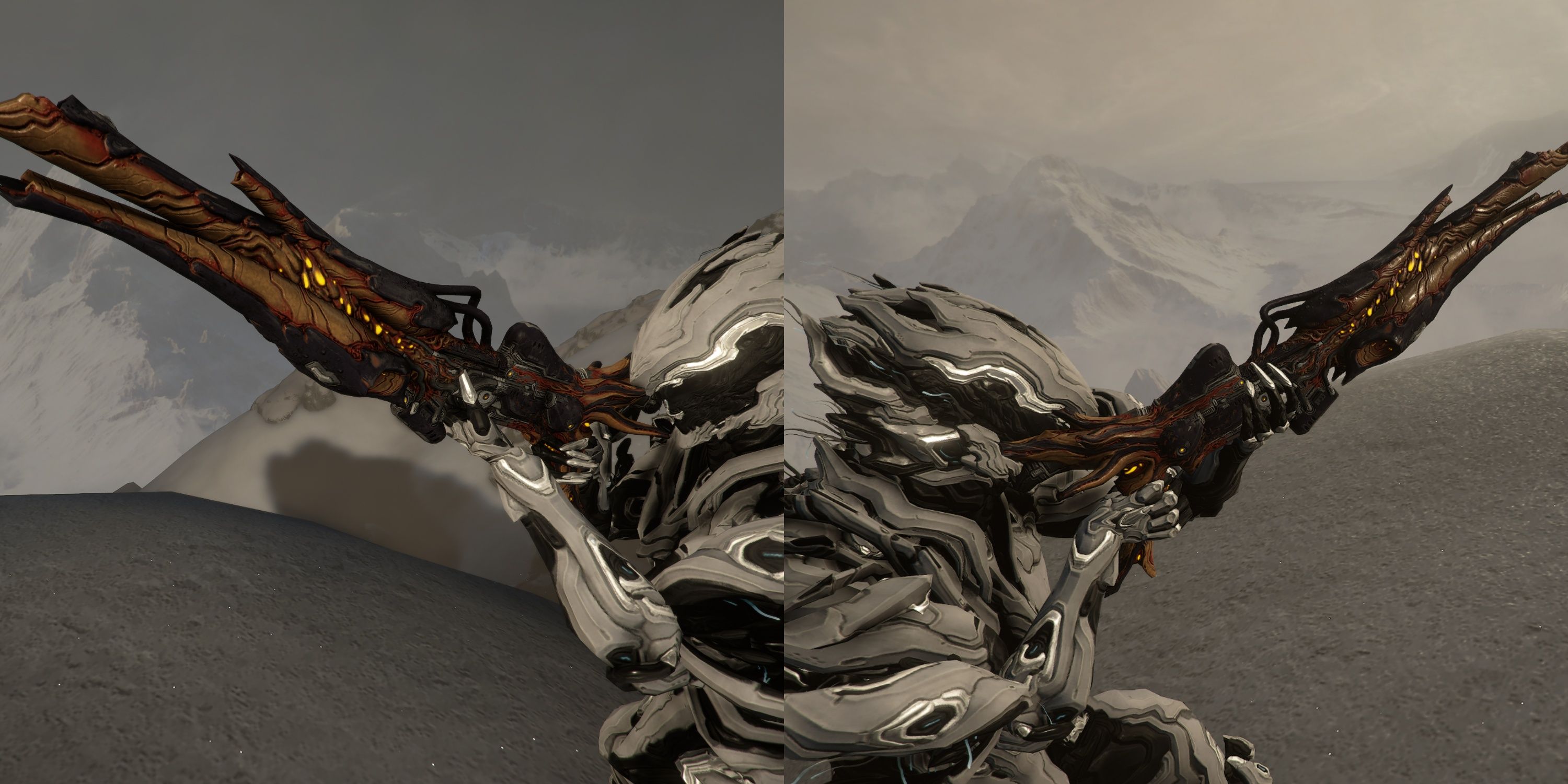 Un collage de Nidus empuñando un Torid en Warframe