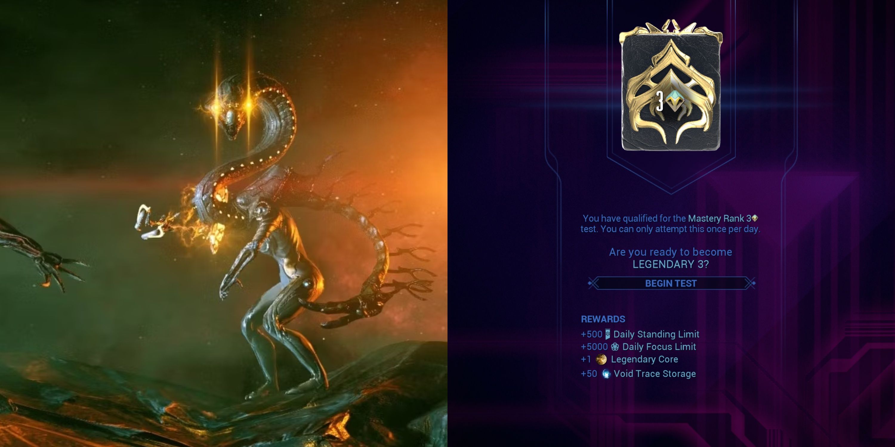 Collage de Archon Nira y el menú de preparación para la prueba de maestría legendaria en Warframe.