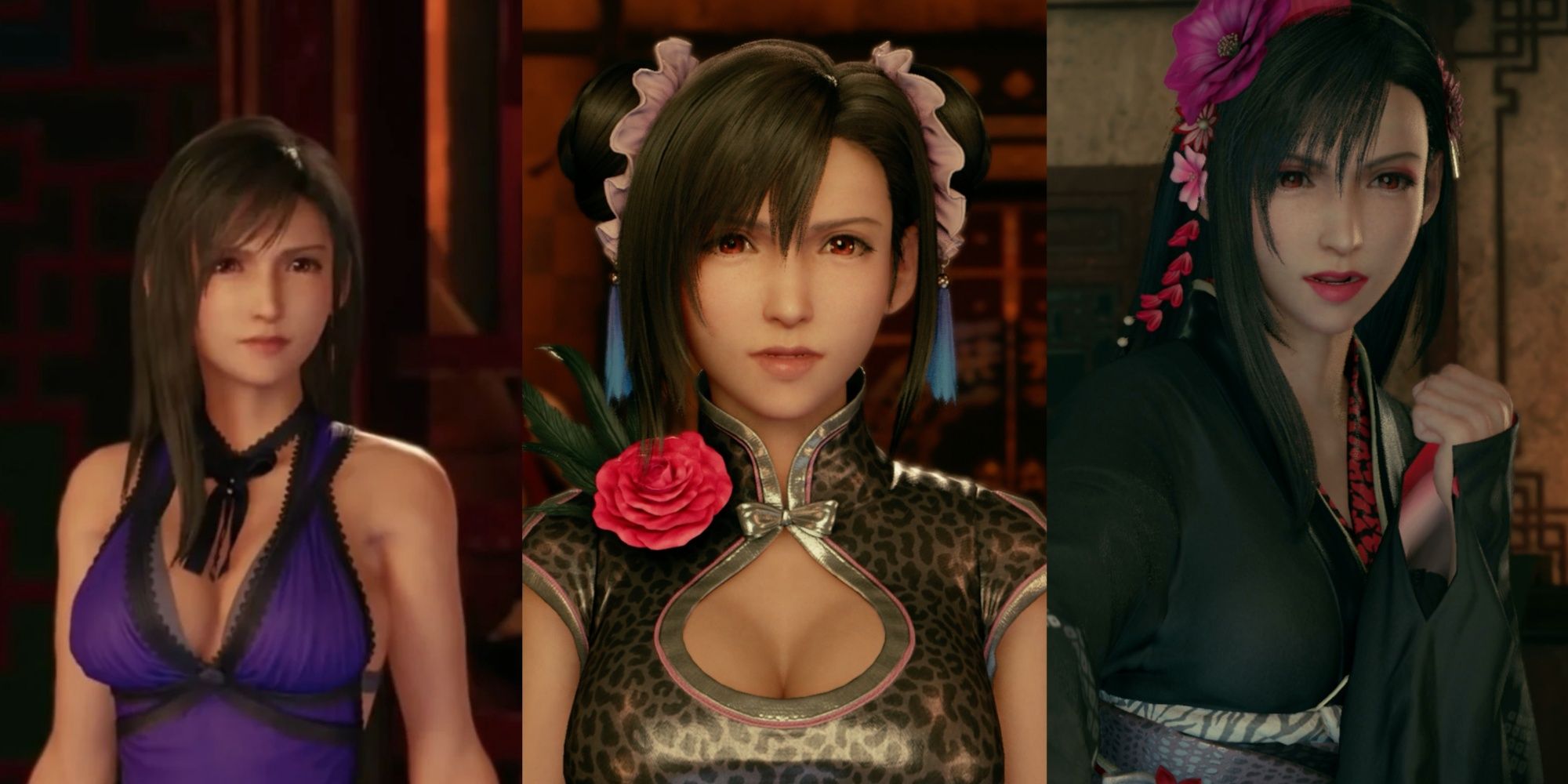 Imagen dividida de Tifa luciendo los tres vestidos posibles en Final Fantasy 7 Remake.