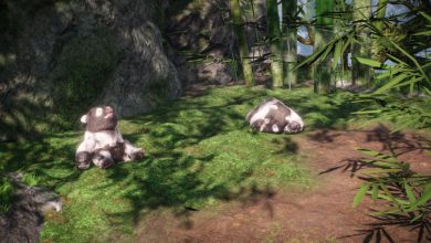 Two Panda Shitieshout Demons lounging in a bamboo thicket