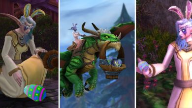 A Split Image of a Night Elf Finding Chocolate Easter Eggs