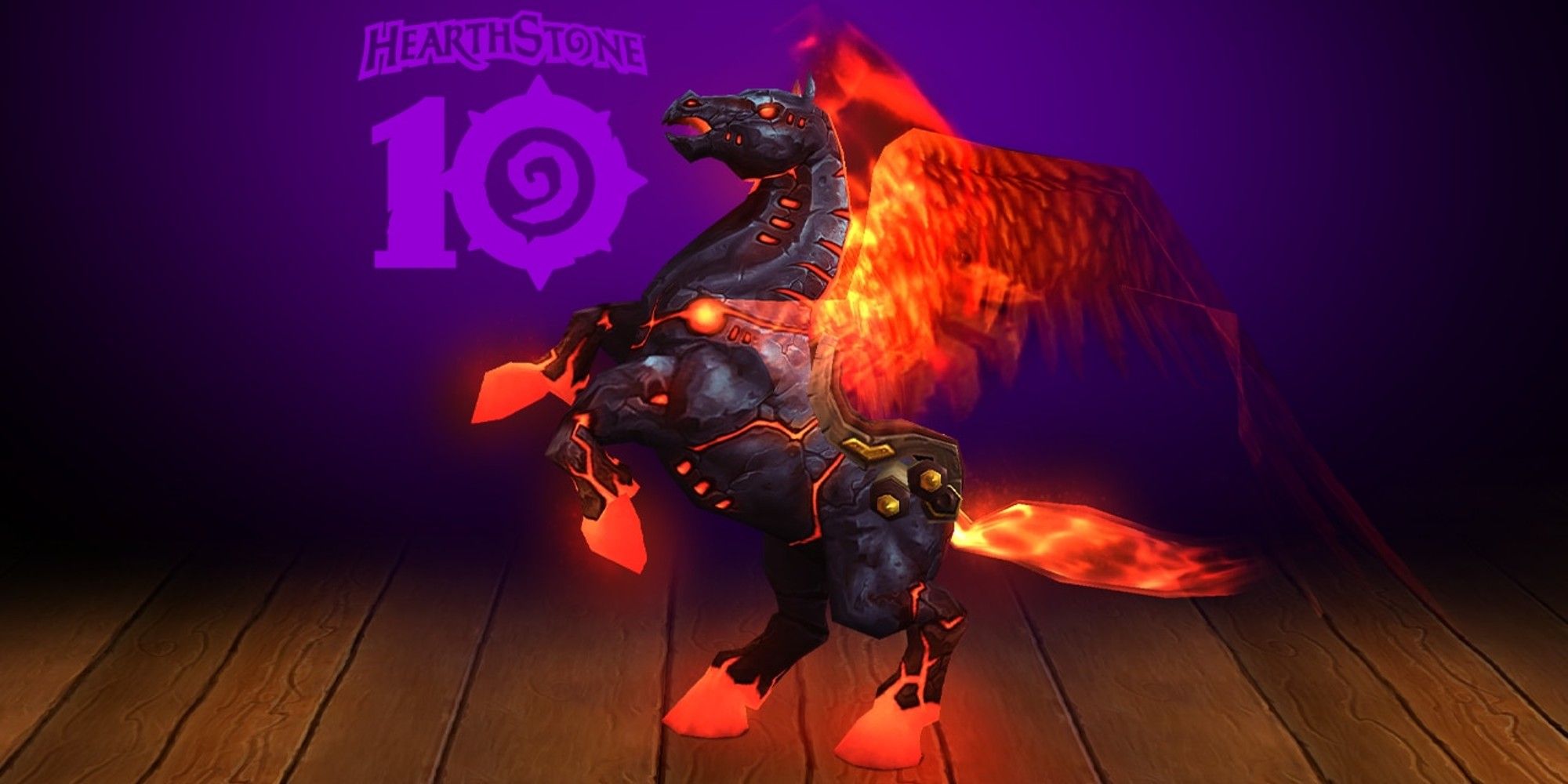 El Fiery Hearthsteed alzado sobre sus patas traseras con el logotipo de Hearthsone 10 de fondo para World of Warcraft.