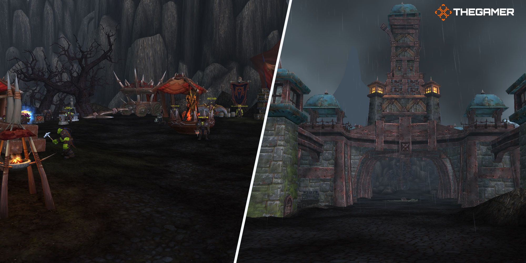 Hellscream's Reach Camp (izquierda) y Baradin Hold (derecha) en World of Warcraft.