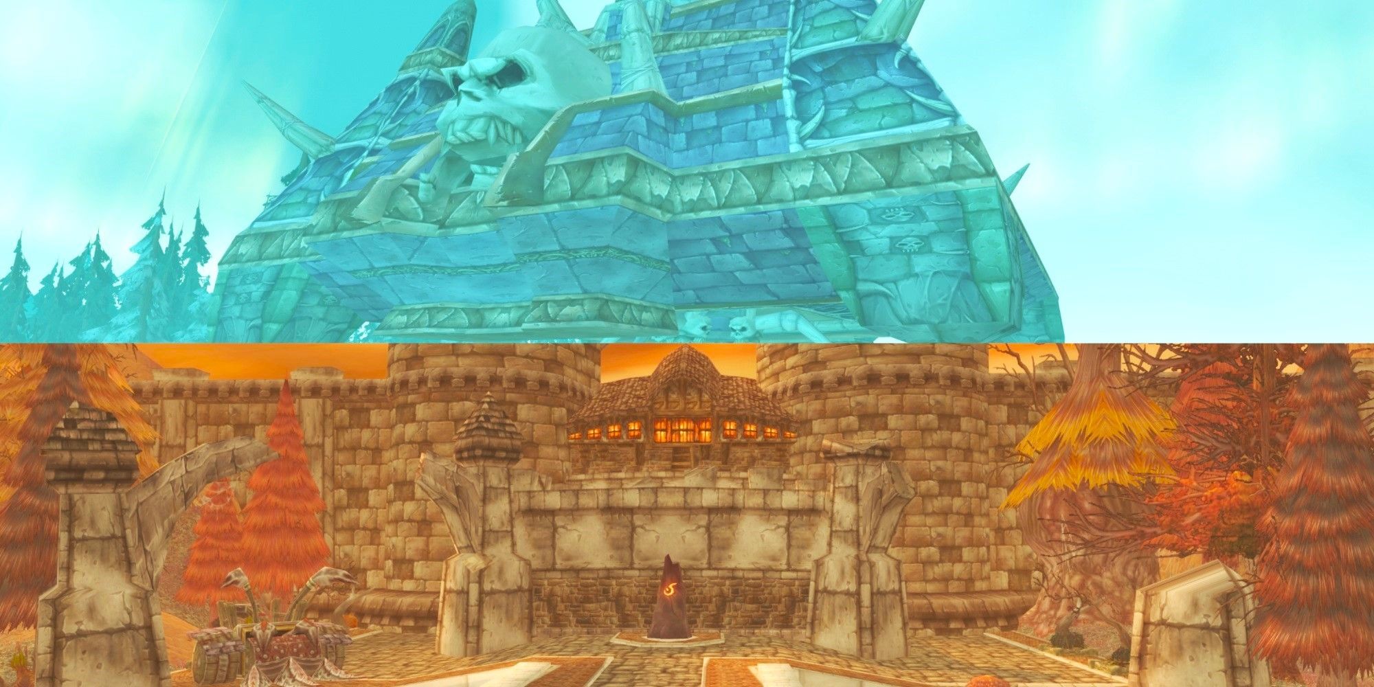 Una imagen de la iteración del Cementerio de Dragones de Naxxramas sobre las puertas de Stratholme, que indica la ubicación original de la necrópolis.