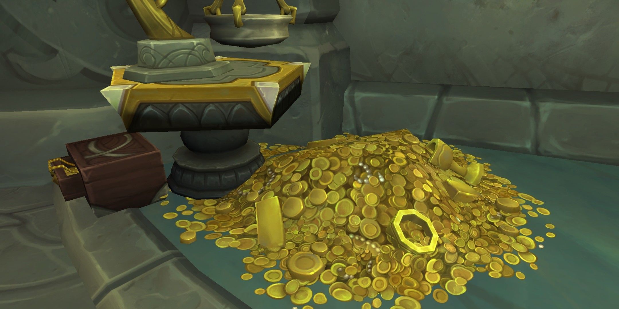 Una pila de oro detrás del subastador en Valdrakken - World of Warcraft Dragonflight