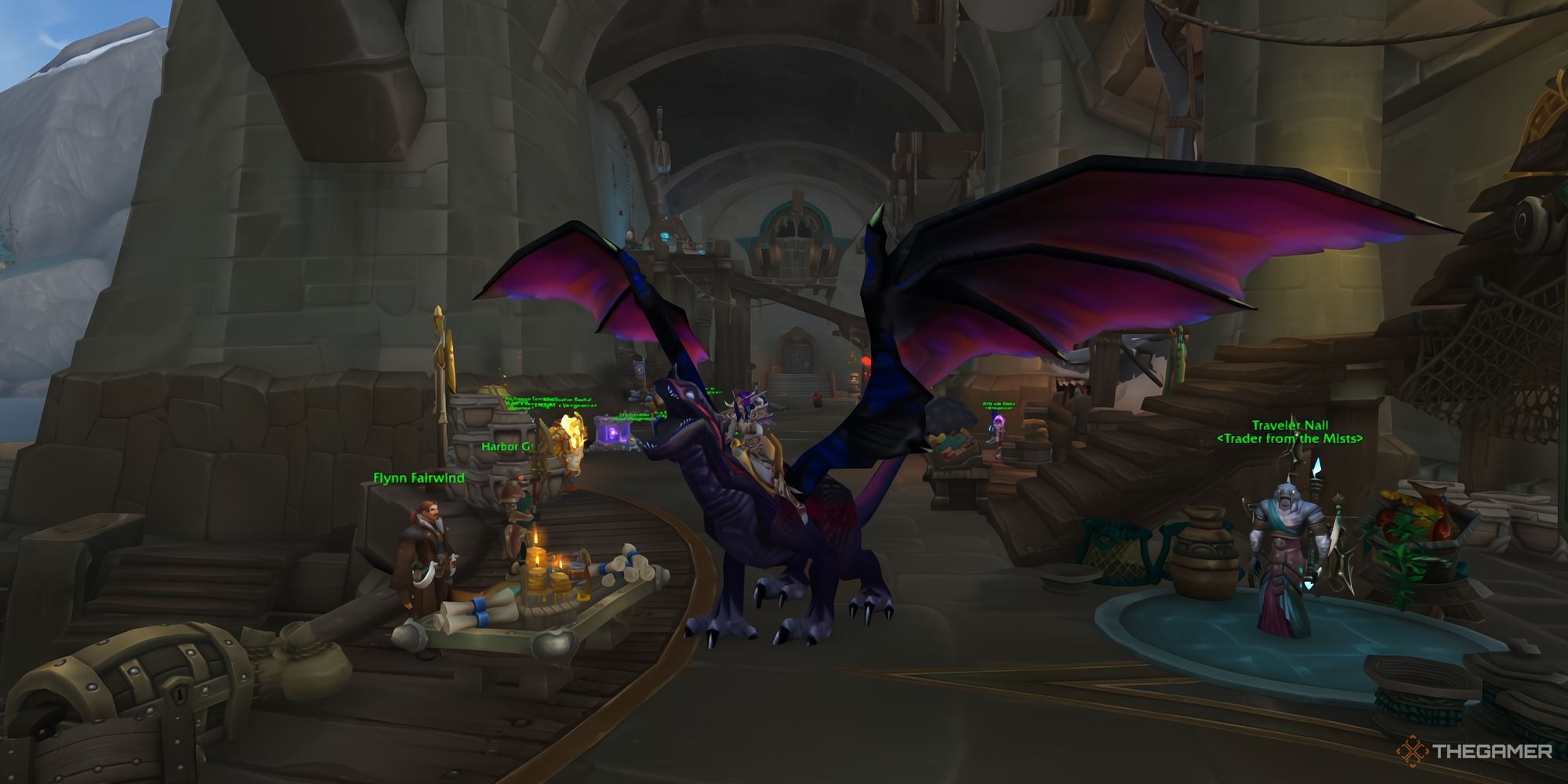 El Twilight Drake monta frente a Flynn Fairwind en Boralus.
